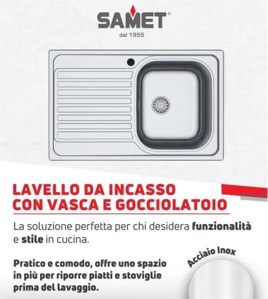 Lavello Cucina Da Appoggio In Acciaio Inox 79x50 Cm 1 Vasca Sinistro
