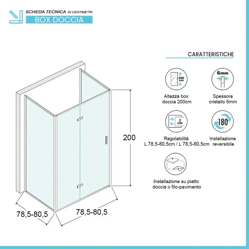 Box doccia 80x80x80 cm porta a soffietto trasparente H 200 cm Ted