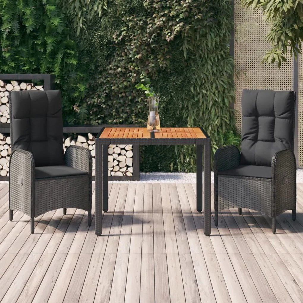 Set Da Pranzo Da Giardino 3 Pz Con Cuscini Nero İn Polyrattan /