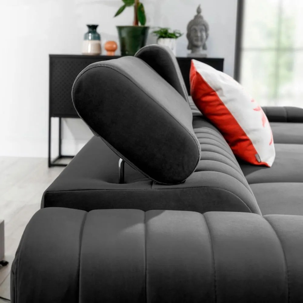 Divano angolare grigio scuro allungabile/con contenitore (con penisola a destra/con chaise lounge) e rivestimento in velluto Grayson – ELTAP