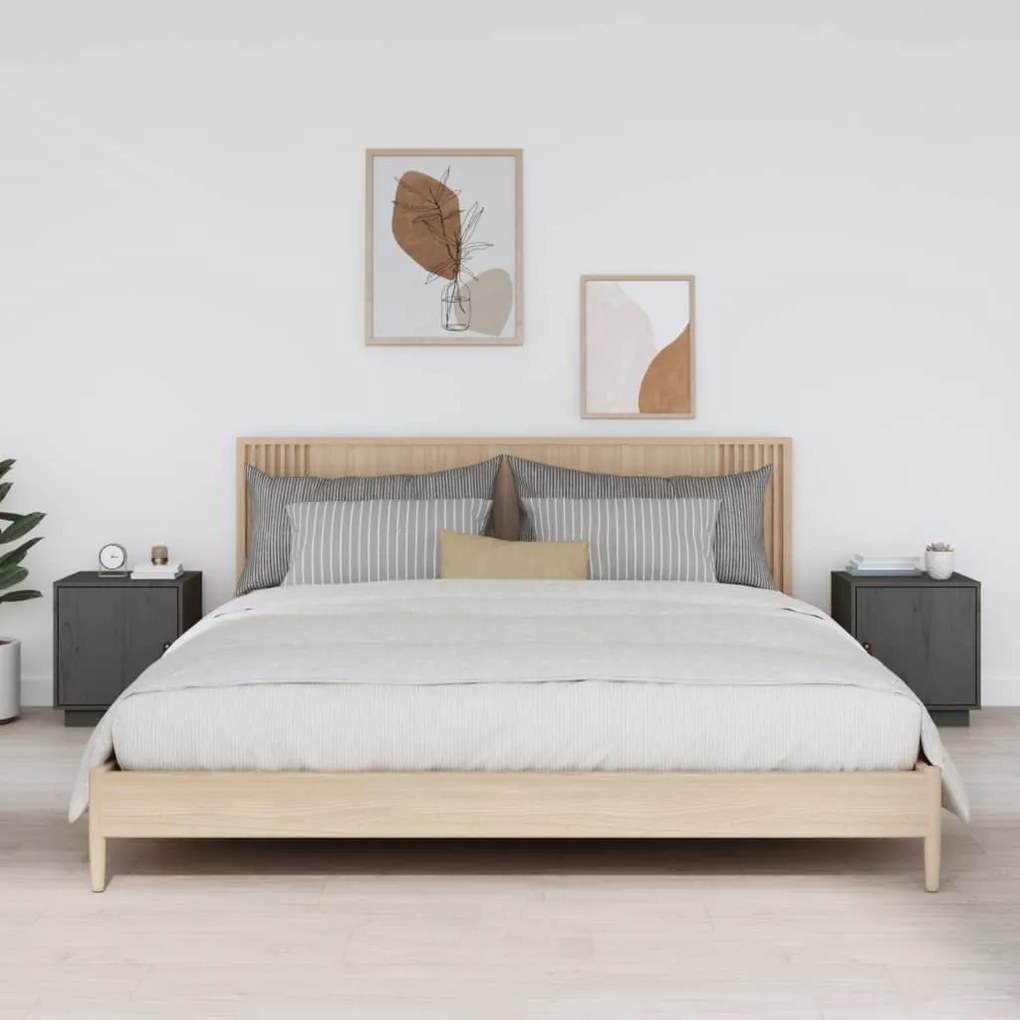 Comodini Grigi 2 Pz 40x34x45 Cm İn Legno Massello Di Pino /