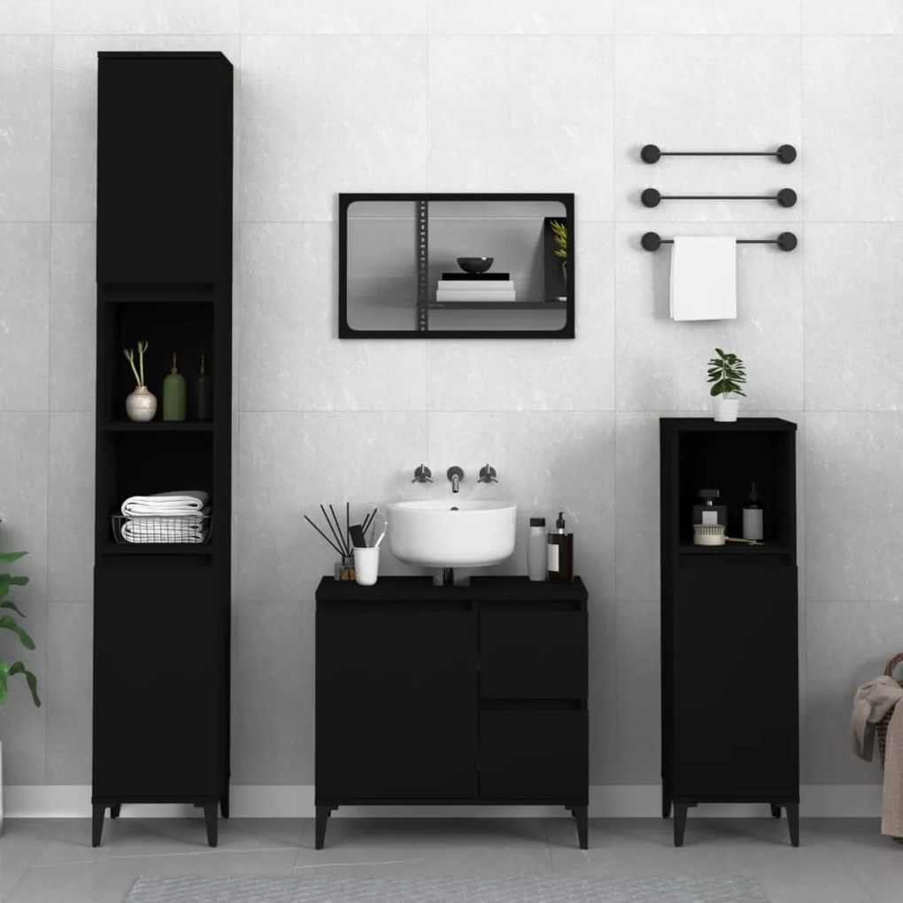 Set Di Mobili Da Bagno 3 Pz Nero İn Legno Multistrato /