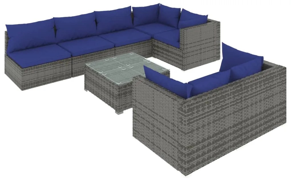 Set Divani da Giardino 8 pz con Cuscini in Polyrattan Grigio