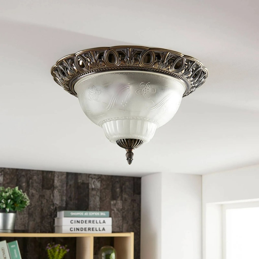 Plafoniera soffitto Anni Lindby, dimmerabile, Bronzo / Ottone antico, Soggiorno / Sala da pranzo, Vetro, Antico, Plafoniera