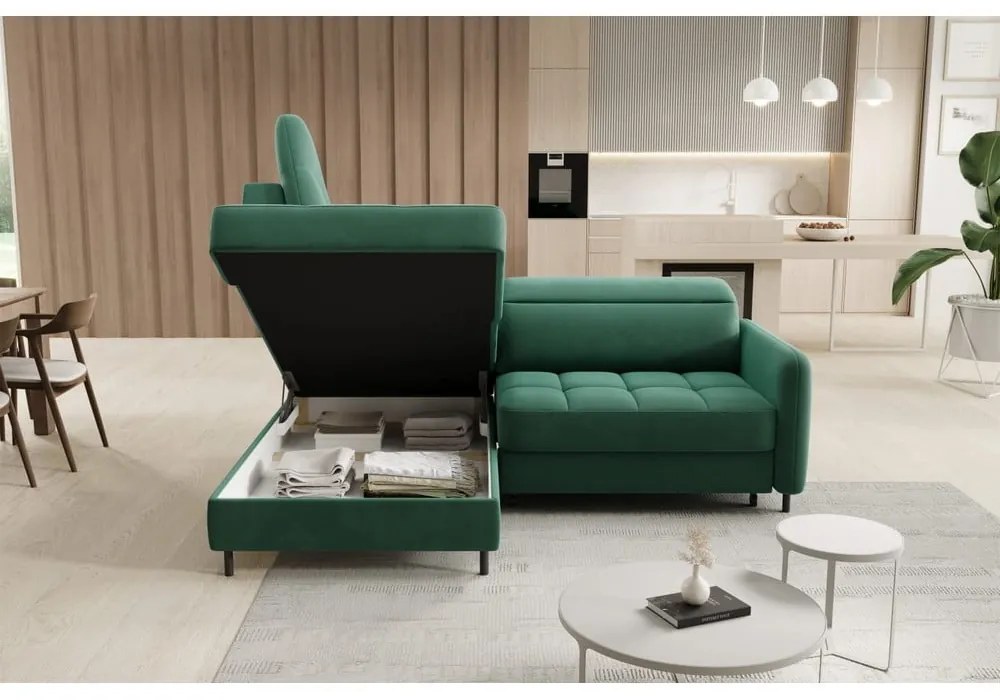 Divano angolare verde allungabile/con contenitore (con penisola a sinistra/a L) e rivestimento in velluto Barea – ELTAP