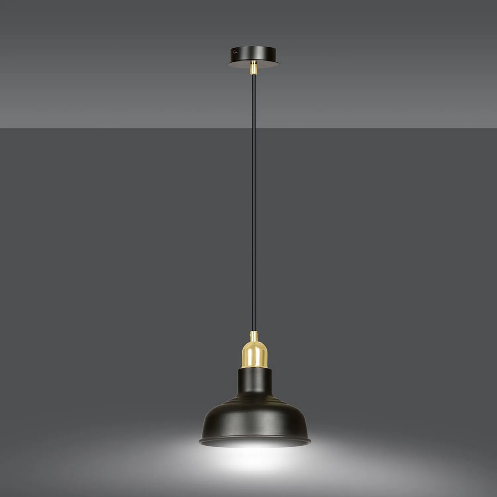Sospensione Industrial 1 Luce Kubera In Acciaio Nero Con Elementi In Oro