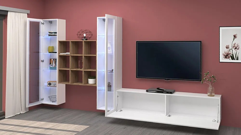Soggiorno MARUSKA - Parete Attrezzata 350 cm con Vetrine, Porta TV e Libreria
