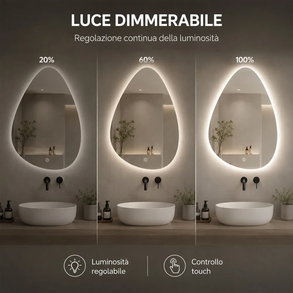 Specchio a Goccia 60x70 cm LED a 3 Colori Dimmerabile Accensione Touch...