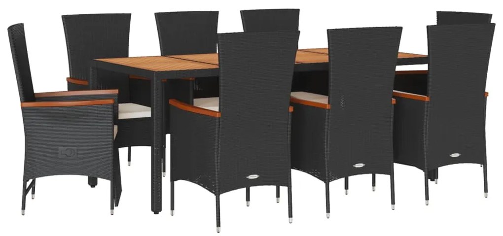Set da pranzo da giardino 9 pz con cuscini nero in polyrattan