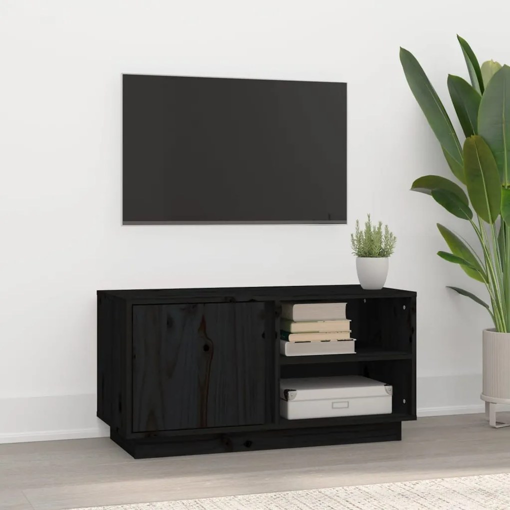 Mobile Porta Tv Nera 80x35x40,5 Cm İn Legno Massello Di Pino /