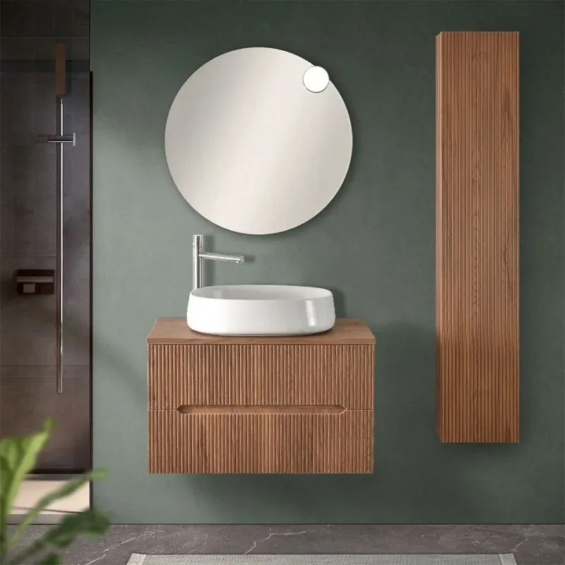 Mobile bagno sospeso 80 cm noce canaletto cannettato con top e specchio Bali