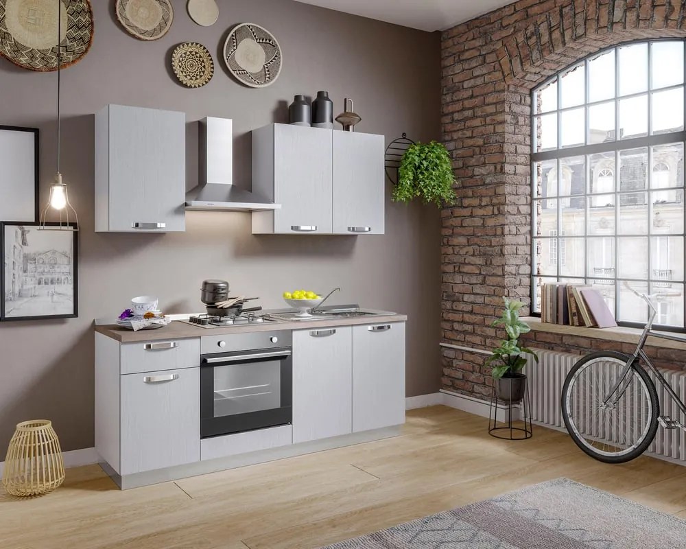 Cucina montata Dora bianco spatolato, lavello a destra, L 195 cm, completa di: cappa a camino, piano cottura a gas e forno