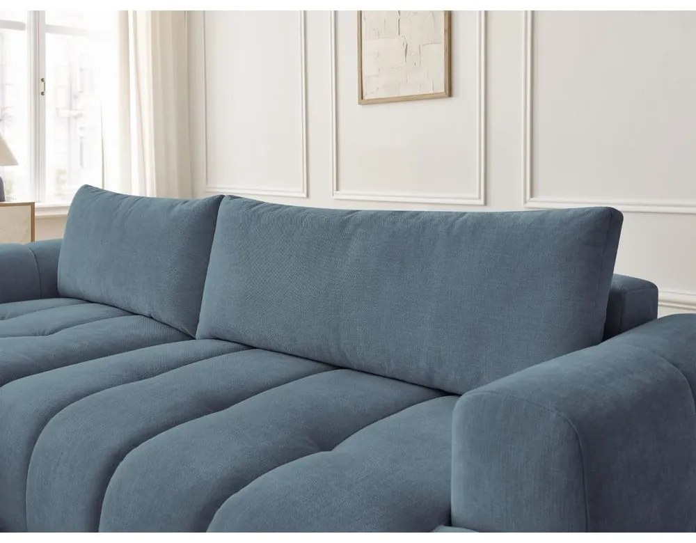 Divano angolare blu allungabile e con contenitore (penisola a sinistra/chaise lounge) con rivestimento in ciniglia Fuji – Bobochic Paris