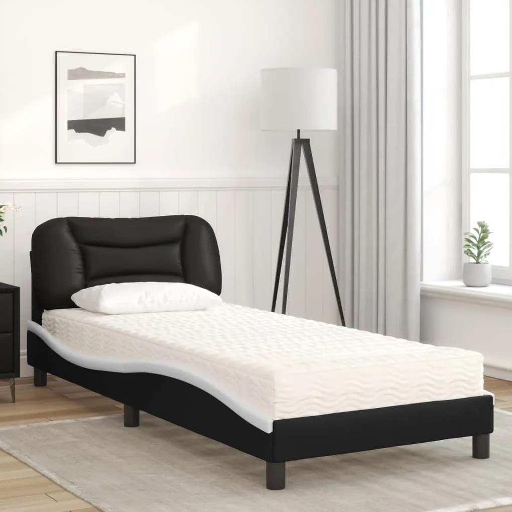 Letto con materasso nero e bianco 90x190 cm in similpelle