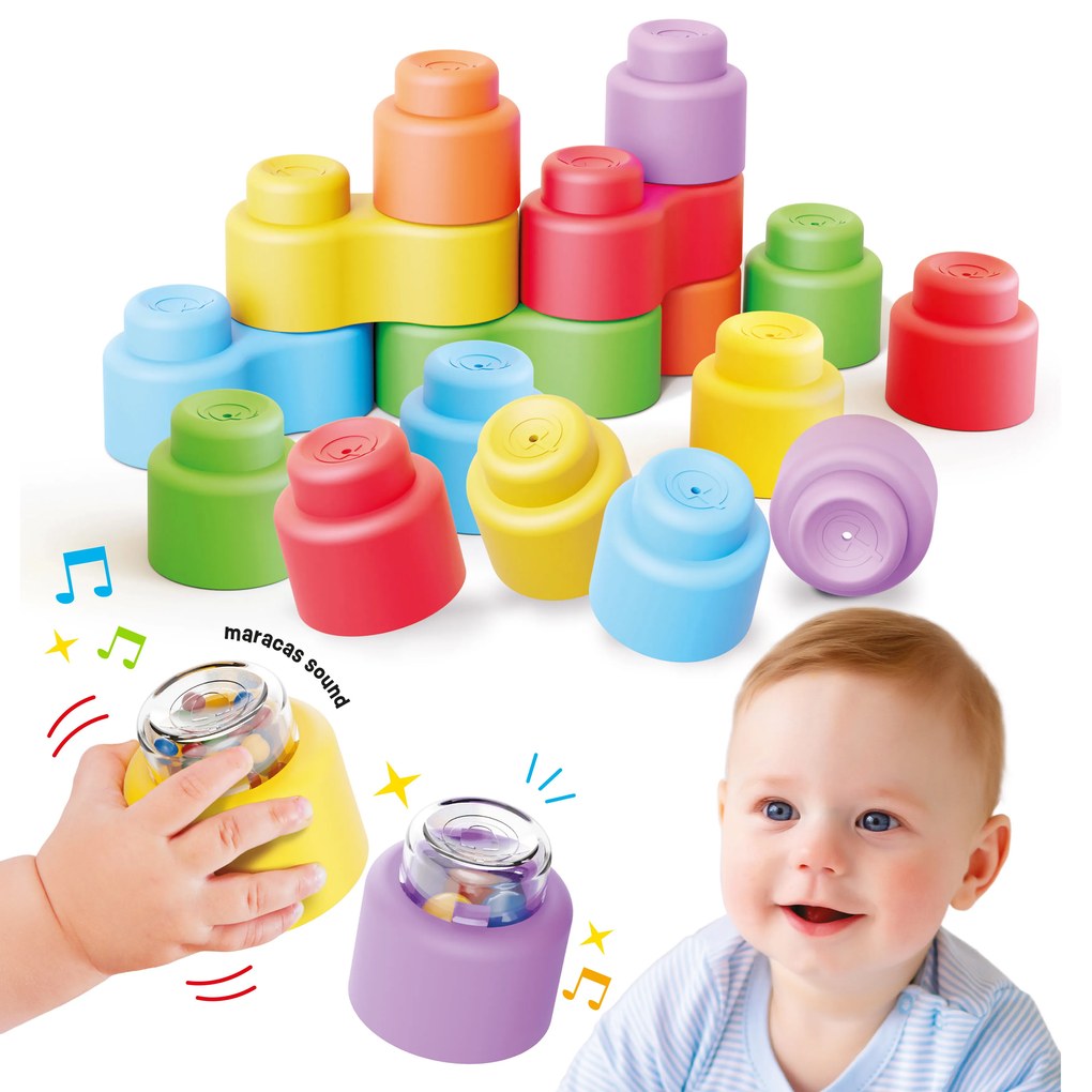 Momy Soft Happy Sound - mattoncini morbidi + 2 mattoncini sonori - 18 pz