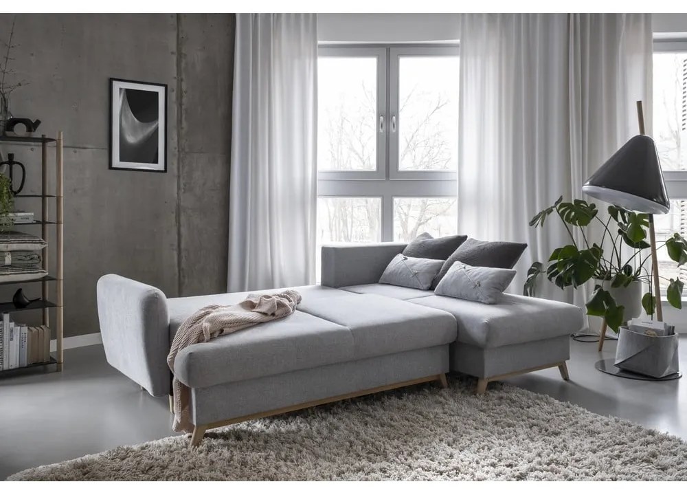 Divano angolare grigio chiaro allungabile/con contenitore (con penisola a destra/con chaise lounge) Scandic Lagom – Miuform