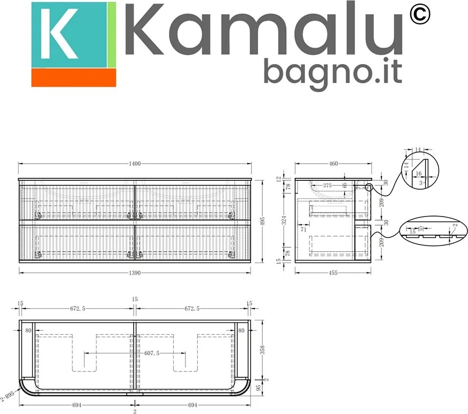 Mobile bagno 140 cannettato con lavabo solid stone | KAM-NORTH-140 - KAMALU