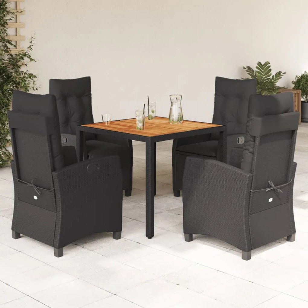 Set da Pranzo da Giardino 5 pz Nero con Cuscini in Polyrattan