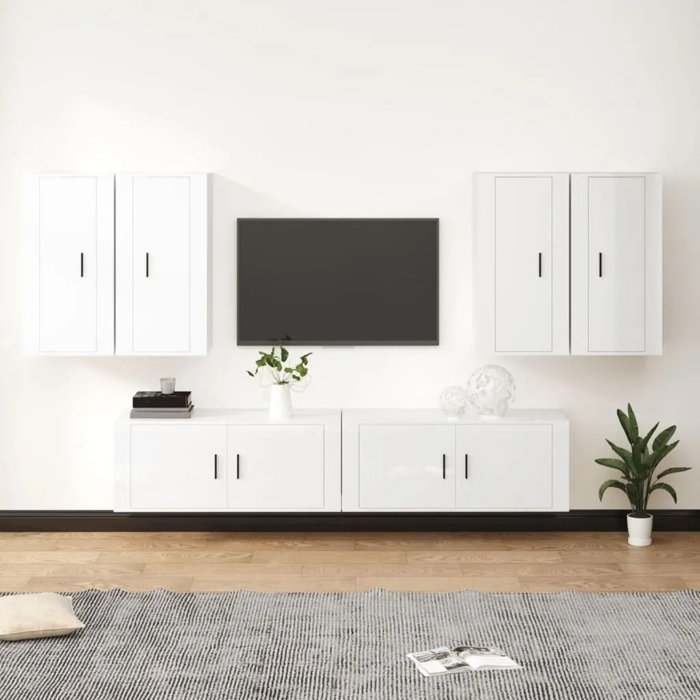 Set di mobili porta tv 6 pz bianco lucido in legno multistrato