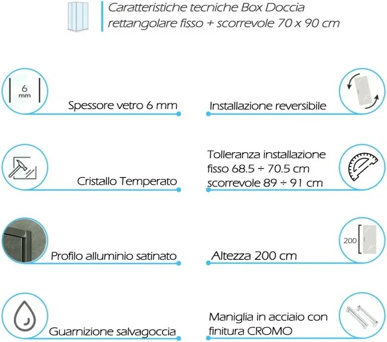 Box doccia 70x90 rettangolare fisso + scorrevole vetro trasparente 6 mm