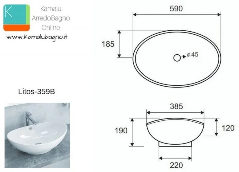 Kamalu - bacinella da appoggio in ceramica 59cm litos-359b