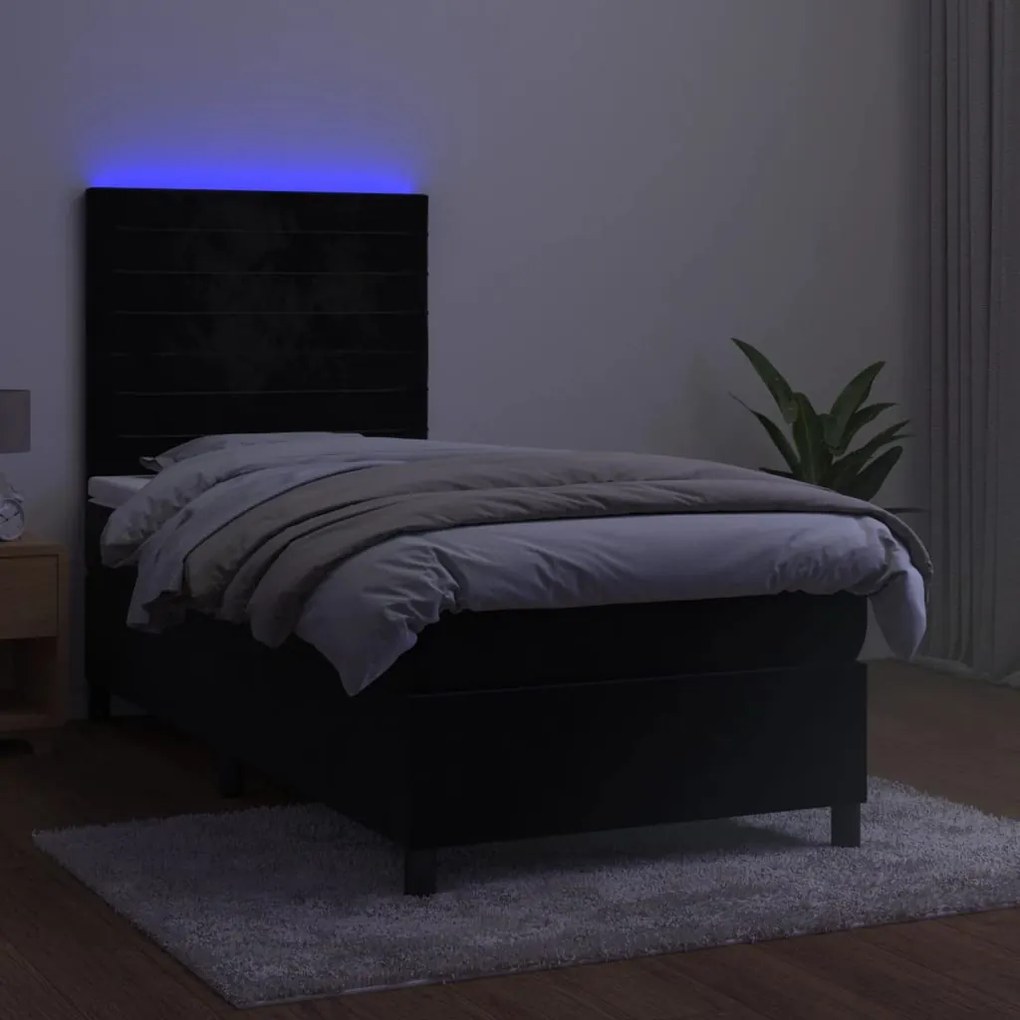 Letto a molle con materasso e led nero 80x200 cm in velluto