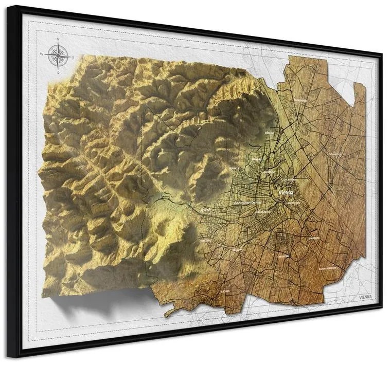 Poster  Raised Relief Map: Vienna  Cornice Quadri Cornice nera, Larghezza x Altezza Home decor 30x20