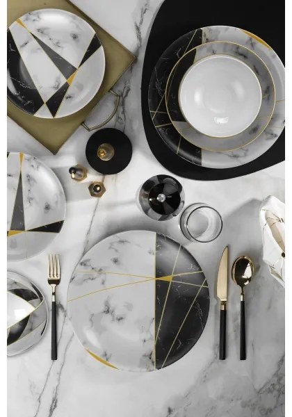 Set da tavola 24 pezzi, nero/bianco/oro, in porcellana