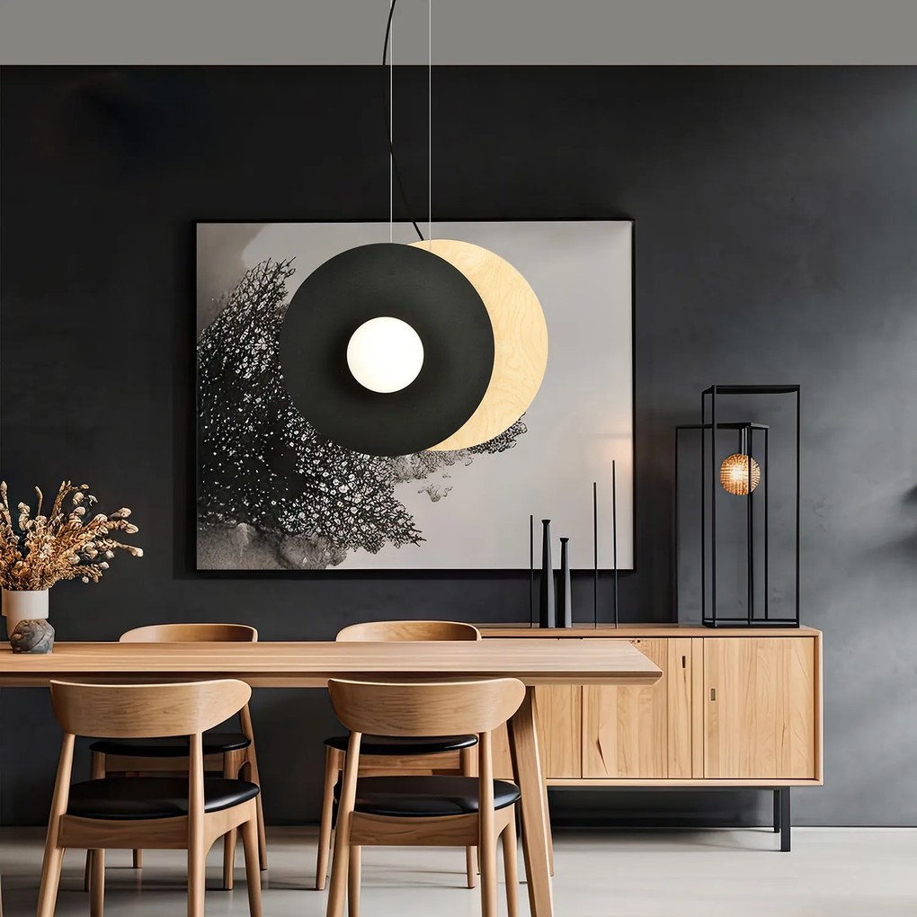 Sospensione Minimal Nordica Brigid 2 Luci In Acciaio Nero E Legno Vetro Bianco