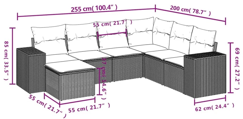 Set Divani da Giardino 7 pz con Cuscini Grigio in Polyrattan