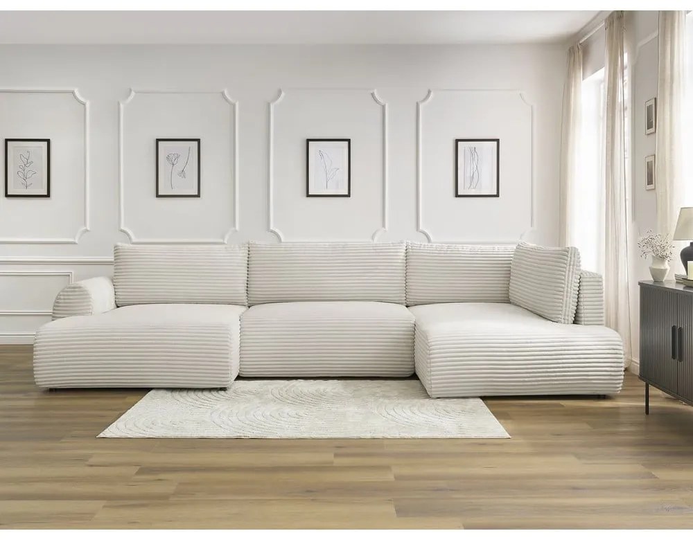 Divano angolare color crema allungabile/con contenitore (con penisola a destra/a U) con rivestimento in velluto a coste Lucien – Bobochic Paris