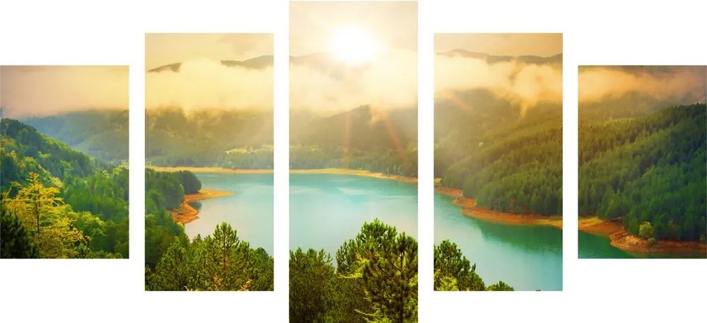 Quadri 5 pezzi – Fiume tra la foresta verde