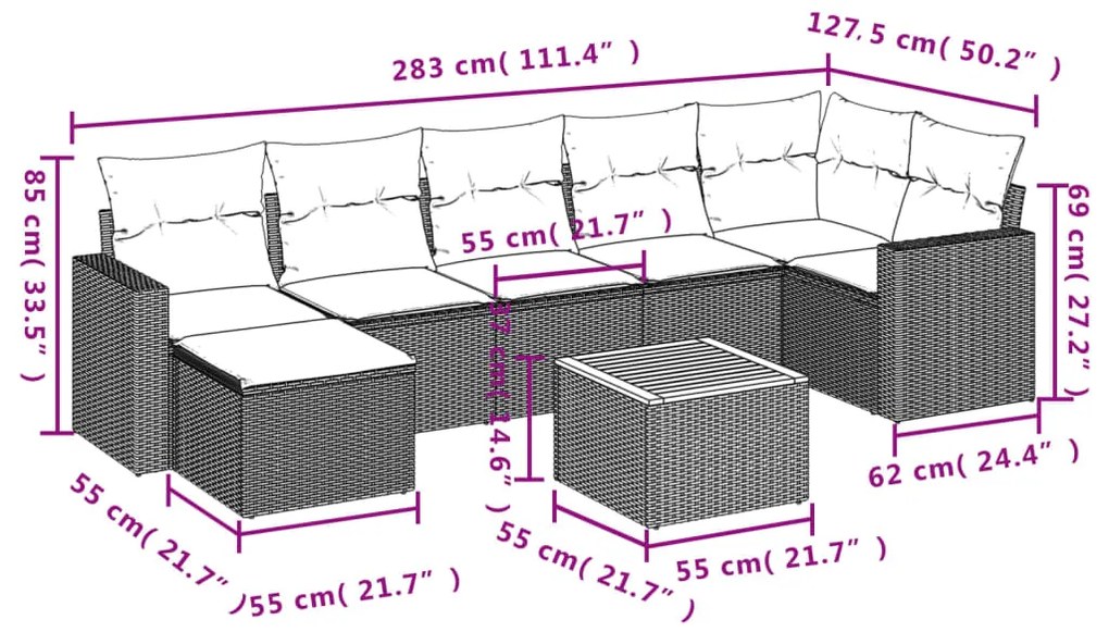 Set Divano da Giardino 8 pz con Cuscini Beige in Polyrattan