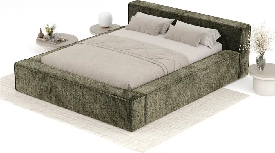 Letto matrimoniale imbottito verde scuro con contenitore e rete inclusi 140x200 cm Voliera – Maison de Rêve