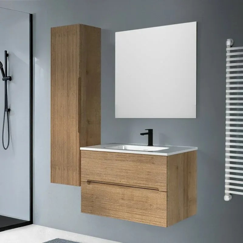 Colonna bagno sospesa H 138 cm rovere cannettato con ripiani Rigo