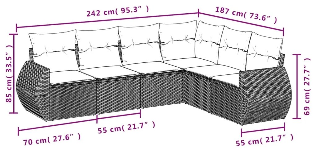 Set Divano da Giardino 6 pz con Cuscini Nero in Polyrattan