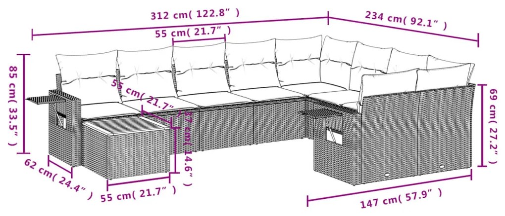 Set divani da giardino 10pz con cuscini in polyrattan nero