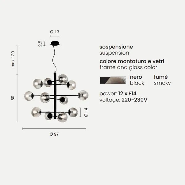 Lampada a sospensione ELISEO 97 cm a 12 Luci in metallo Nero e vetro soffiato Fumč