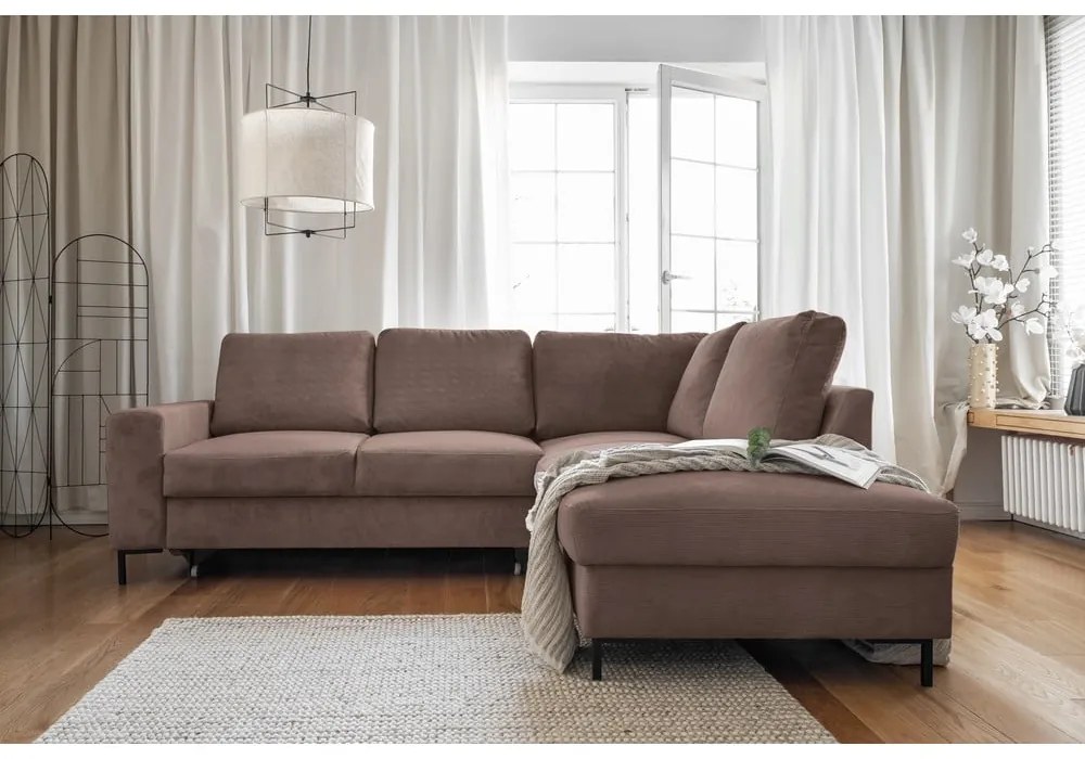 Divano letto angolare in velluto a coste marrone (angolo destro) Lofty Lilly - Miuform