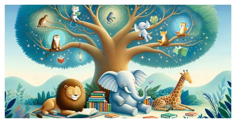 Quadro su tela – Animali sotto l’albero con libro