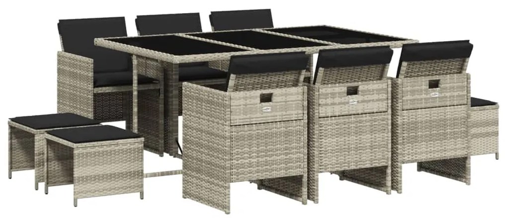 Set pranzo giardino 11pz con cuscini grigio chiaro polyrattan