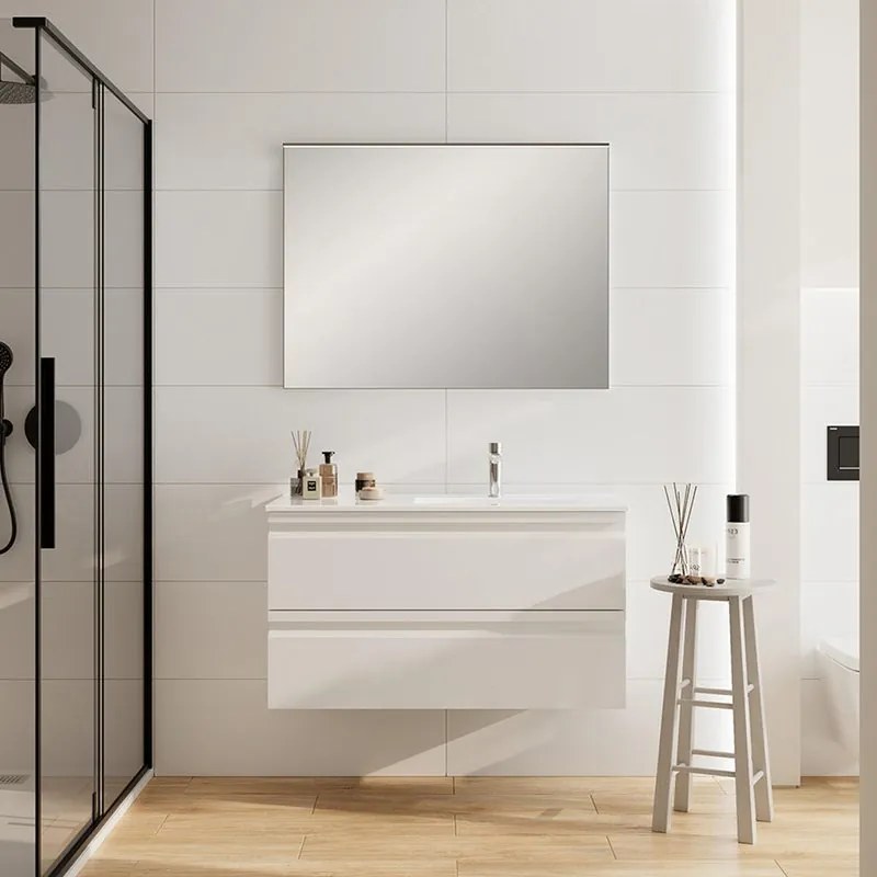Mobile Pull L100 H55 P45 bianco opaco laccato 2 cassetti a chiusura ammortizzata e lavabo in ceramica vasca DX, piedini non inclusi