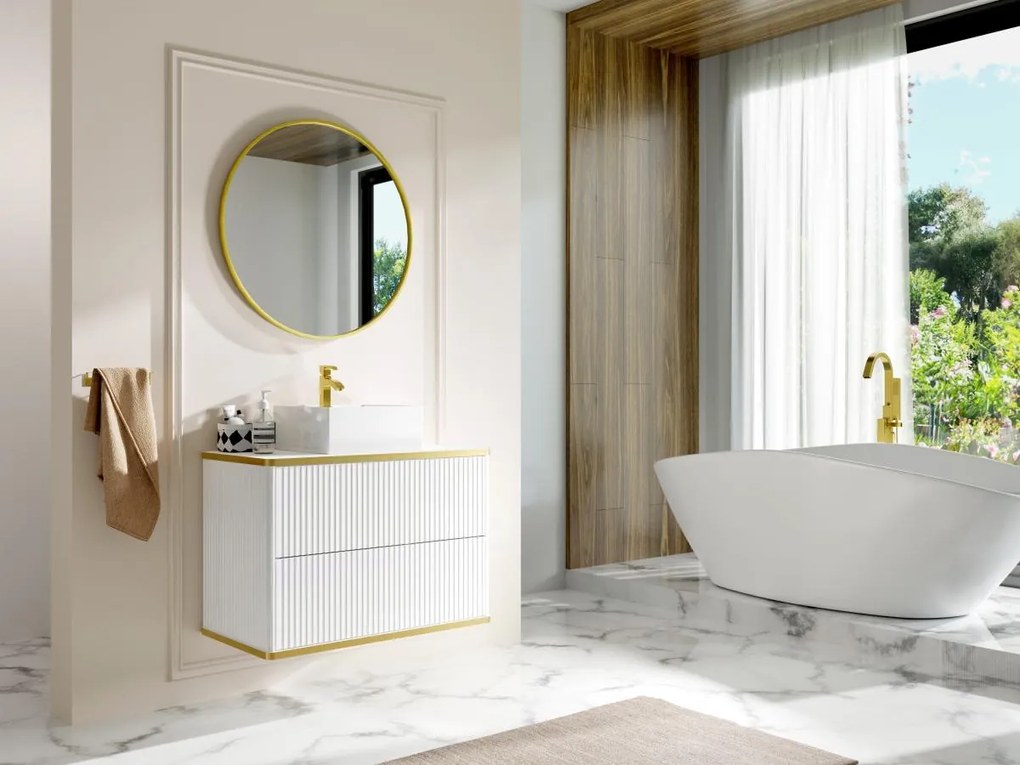 Mobile per bagno sospeso con scanalature con profilo Dorato e lavabo da appoggio Bianco 80 cm - KELIZA