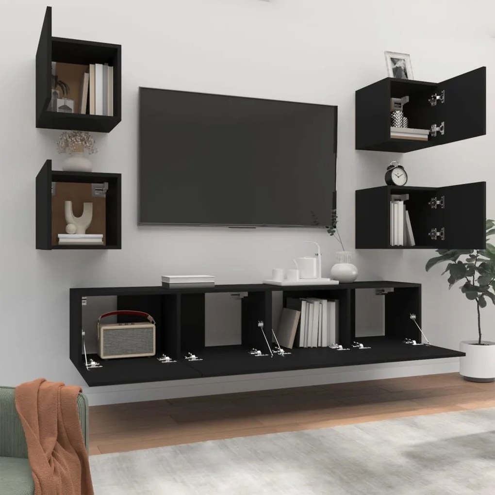 Set mobili porta tv 6 pz nero in legno multistrato