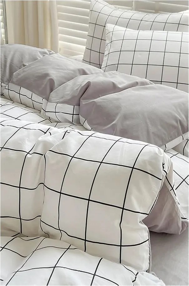 Biancheria da letto bianca/grigia in cotone renforcé per letto singolo/per letto esteso con lenzuolo incluso/3 pezzi 160x220 cm Checkered – Mila Home