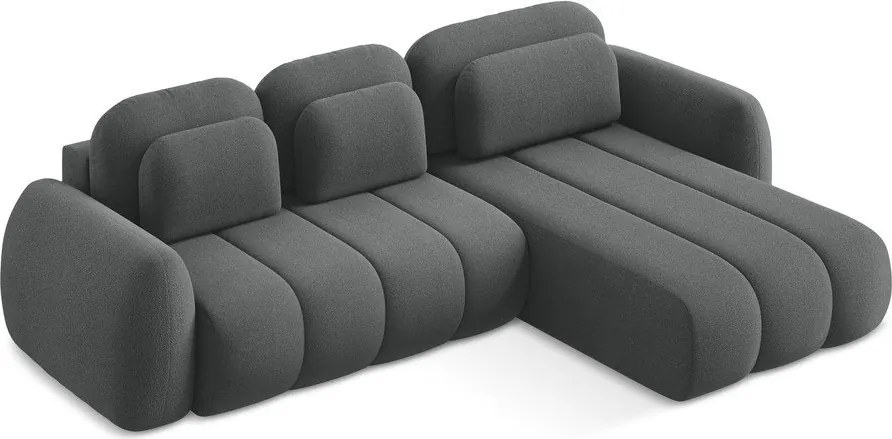Divano angolare grigio scuro allungabile/con contenitore (con penisola a destra/con chaise lounge) con rivestimento in bouclé Pele – Makamii