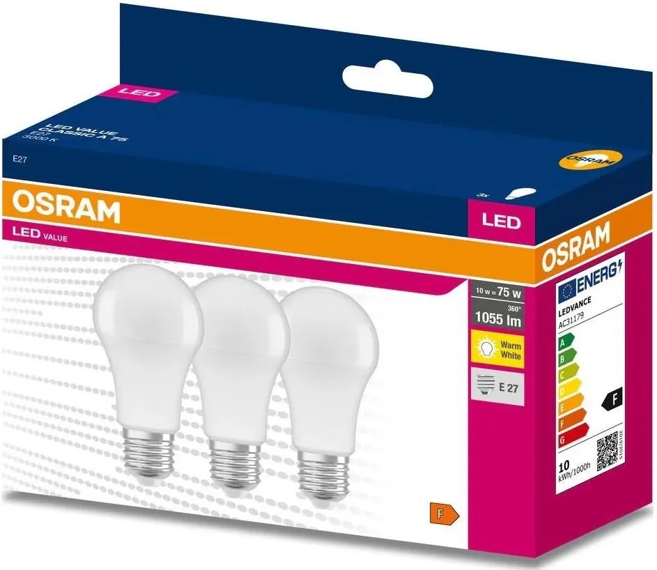Confezione da 3 lampadine LED A60 E27/10W/230V 3000K - Osram