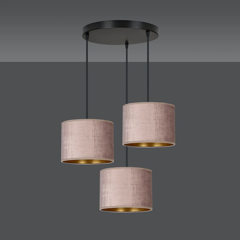 Lampadario Tondo 3 Luci Ganesha In Acciaio Nero E Paralumi In Tessuto Rosa