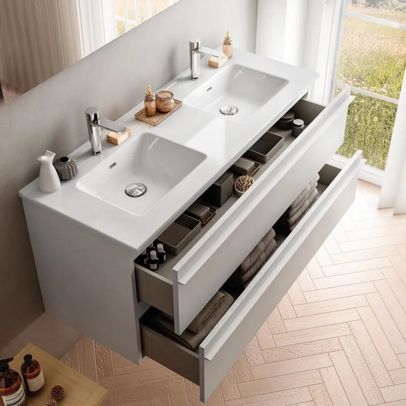 Mobile sottolavabo e lavabo Linea bianco opaco in truciolare L 120 x H 55 x P 48 cm 2 vasche 2 cassetti