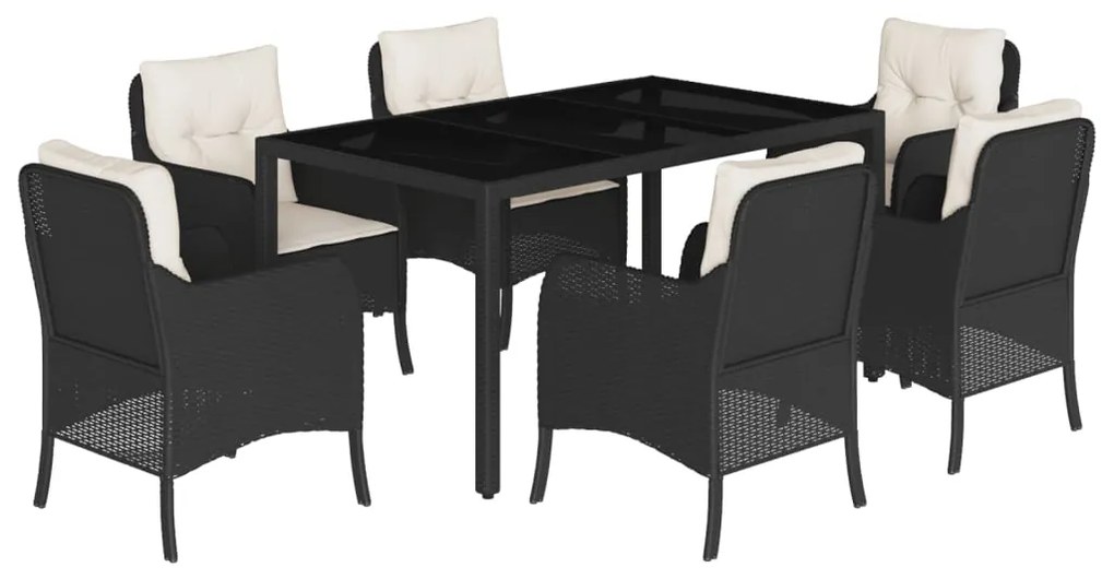 Set da pranzo da giardino 7 pz nero con cuscini in polyrattan